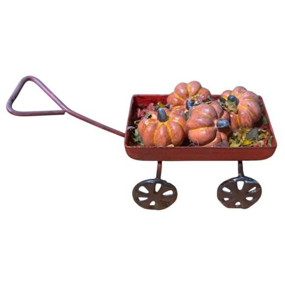 Mini Dollhouse Little Red Metal Wagon with Pumpkins and Fall Leaves Farmhouse - Picture 1 of 6